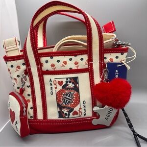 Aeropostale Mini Tote Bag Red Canvas Playing Card Heart Charm Brand New